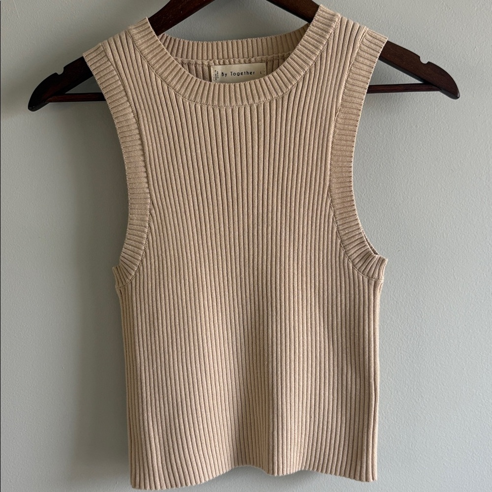 By Together Ribbed Knit Tank Top Neutral Beige Sleeveless Sweater L
